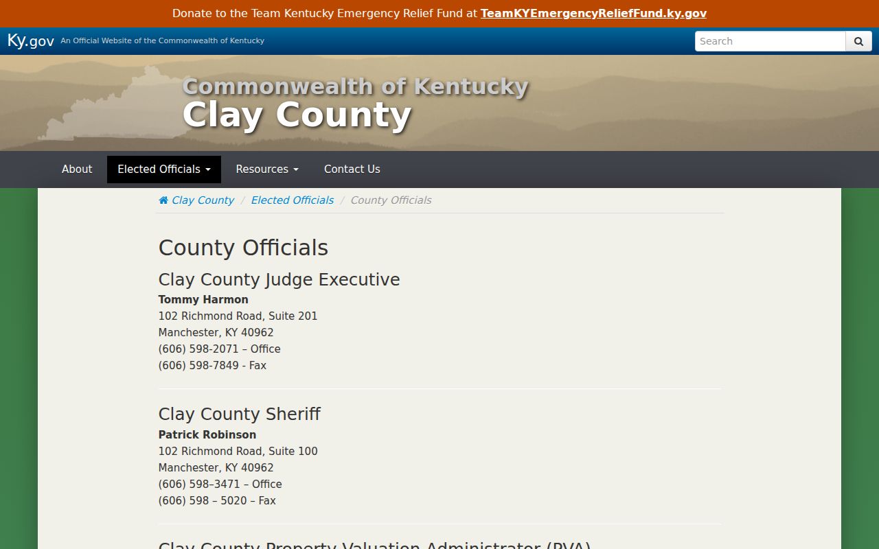 Clay County official directory showing sheriff and justice office contacts