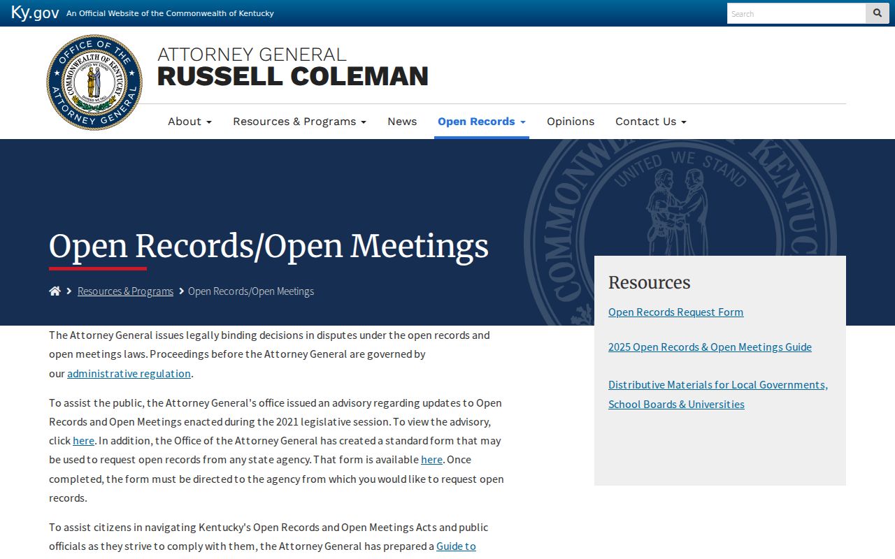 Kentucky Attorney General open-records guidance for public record requests