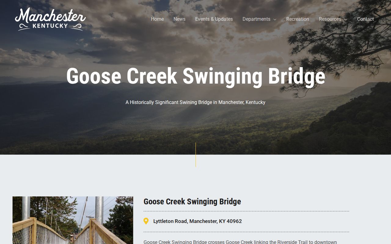 Restored Goose Creek Swinging Bridge linking Manchester trail and downtown